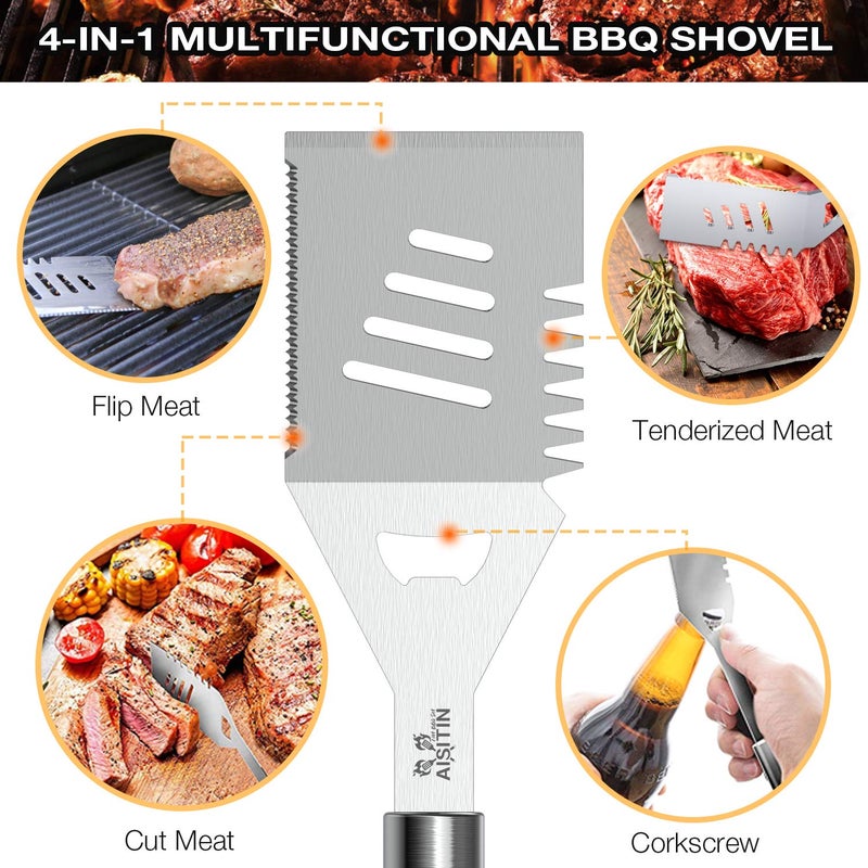 AISITIN 35Pcs BBQ Grill Grilling Accessories Tools Set, Premium Barbecue Tool Set with Thermometer, Steel Fork, Stainless Steel Tongs and Spatula, Meat Injector, Grill Mat, BBQ Tools for Grill Outdoor - Image 4